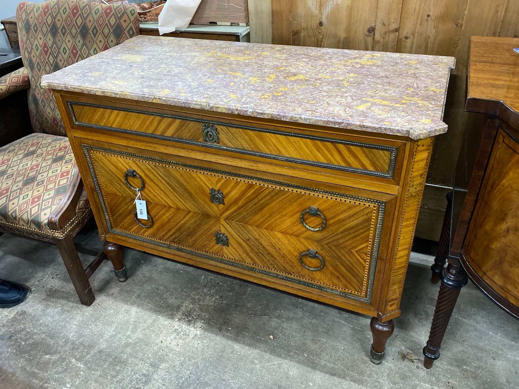 An early 20th century French kingwood marble topped commode, width 116cm, depth 55cm, height 87cm